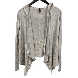 Stetson Embroidered Open Front Hooded Cardigan Womens M Heather Gray Aztec Boho